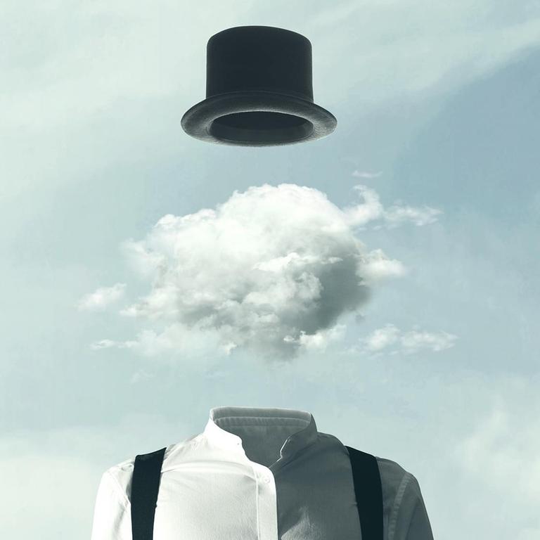 Surreale Illustration: eine Wolke zwischen Hut und Körper eines Menschen.