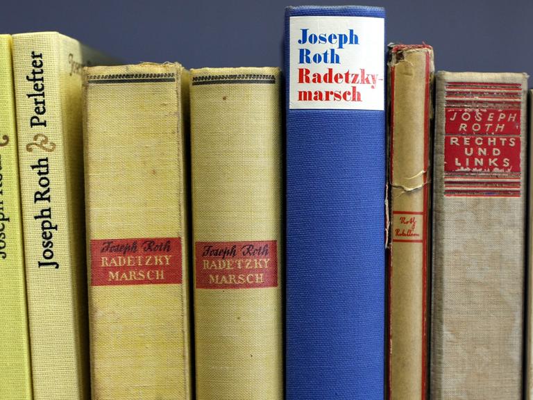 Bücher des Autors Joseph Roth in der Universität Augsburg (Schwaben) in der "Bibliothek der verbrannten Bücher".