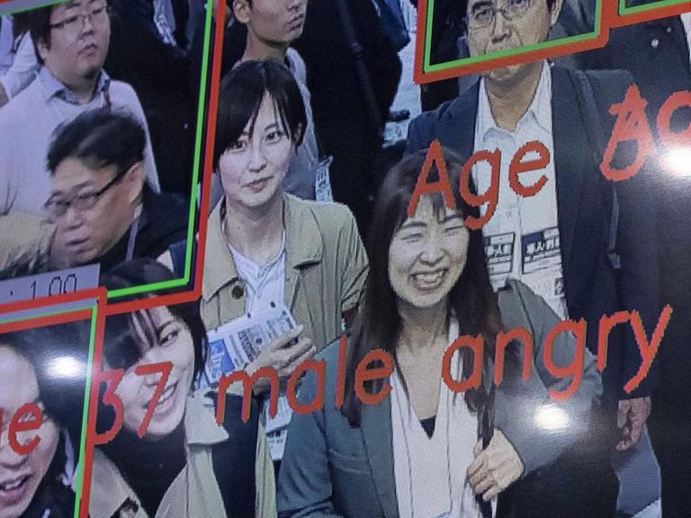 Diese Software auf einer KI-Konferenz 2019 in Tokio will Alter, Geschlecht und Gemütszustand einer Person erkennen können.