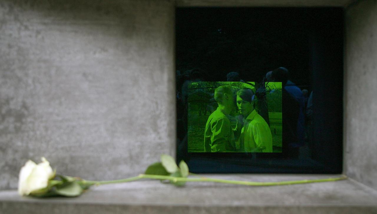 Eine weiße Rose liegt vor der Videoinstallation am Denkmal für die vom NS-Regime verfolgten Homosexuellen in Berlin. 