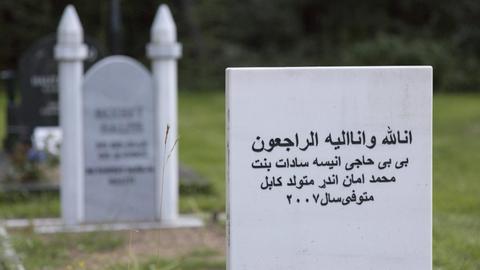 Im Vordergrund ein Grabstein mit arabischer Schrift, dahinter weitere Grabsteine (unscharf).