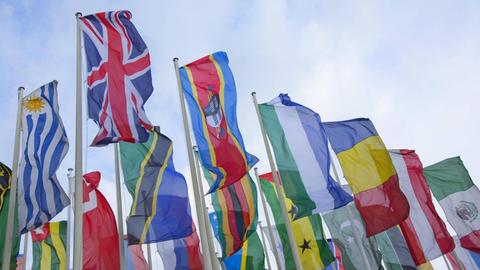 internationale Flaggen wehen im Wind