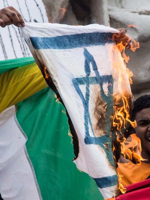 Demonstranten in Paris verbrennen am 26. Juli 2014 eine Flagge Israels aus Protest gegen den Gaza-Krieg.