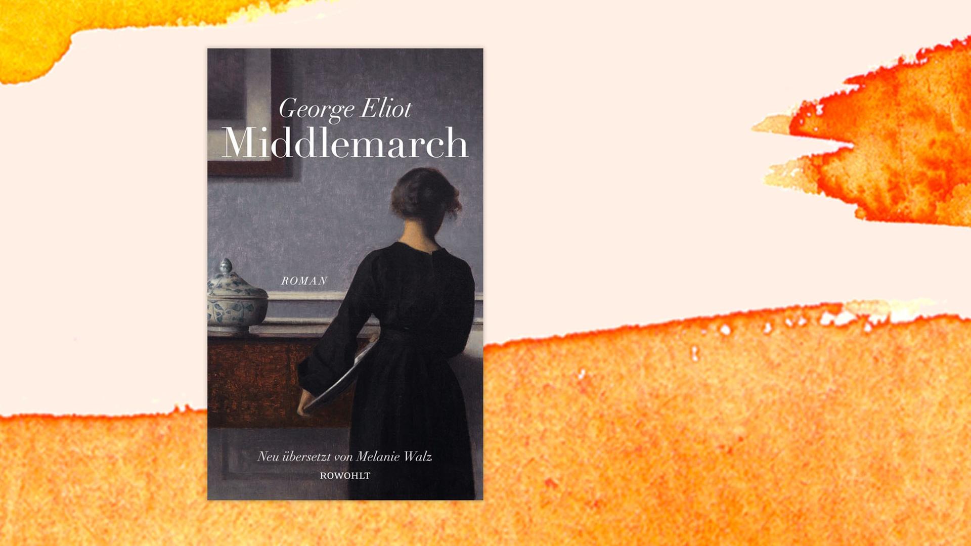 Das Bild zeigt das Buchcover von "Middlemarch" sowie einen aquarellierten Hintergrund.