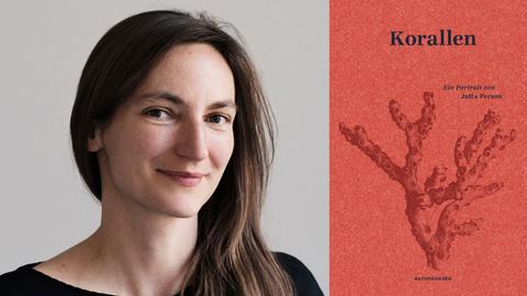 Zu sehen ist die Autorin Jutta Person und das Cover ihres Buches "Korallen".