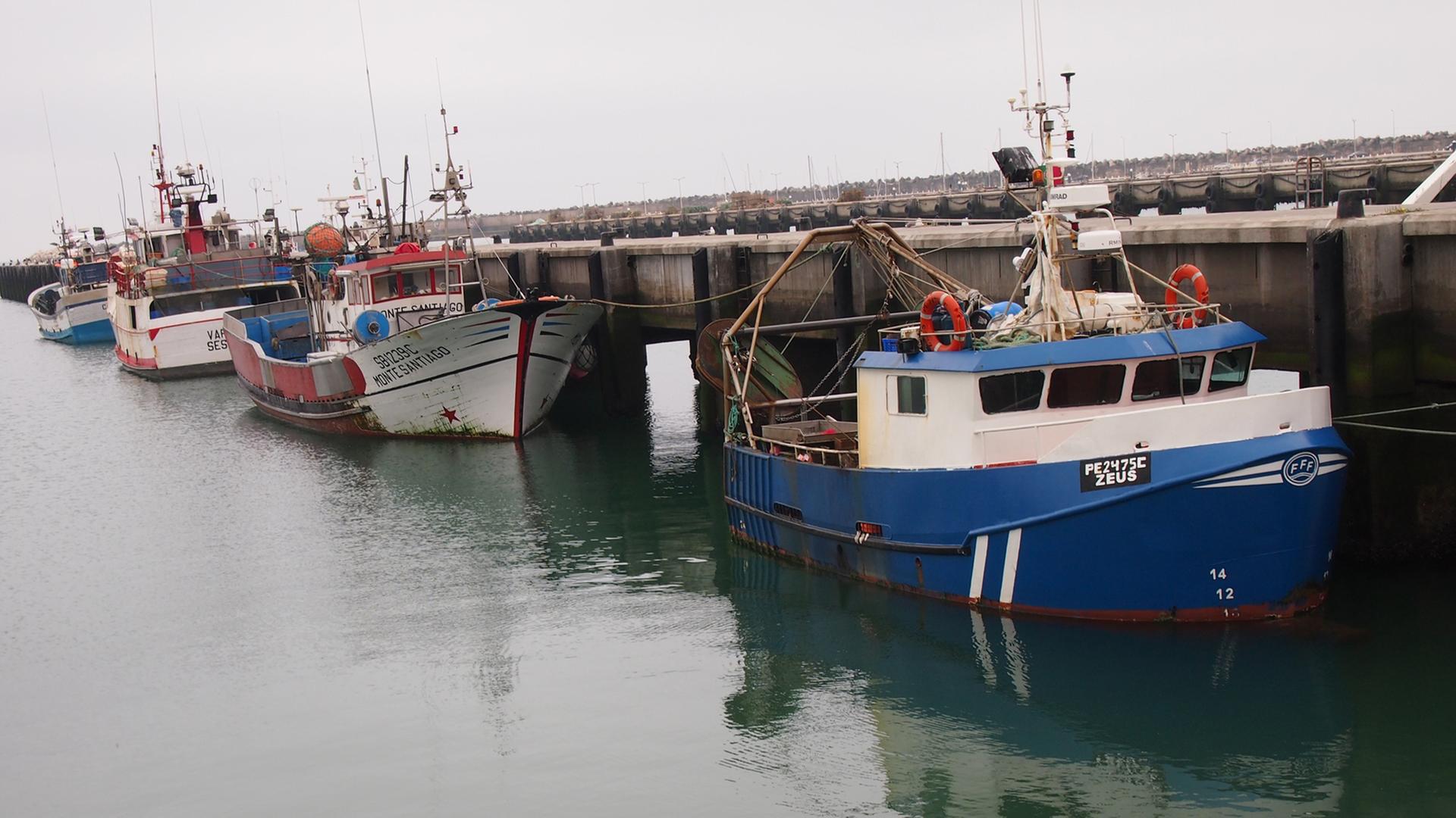 Fischkutter liegen im Hafen von Peniche in Portugal.