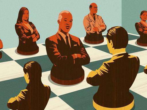 Eine Illustration zeigt Frauen und Männer in Arbeits- und Businesskleidung als Figuren auf einem Schachbrett.