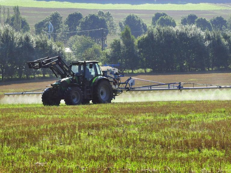 Traktor spritzt Glyphosat zur Unkrautvernichtung im Sommer in Rheinland Pfalz.
