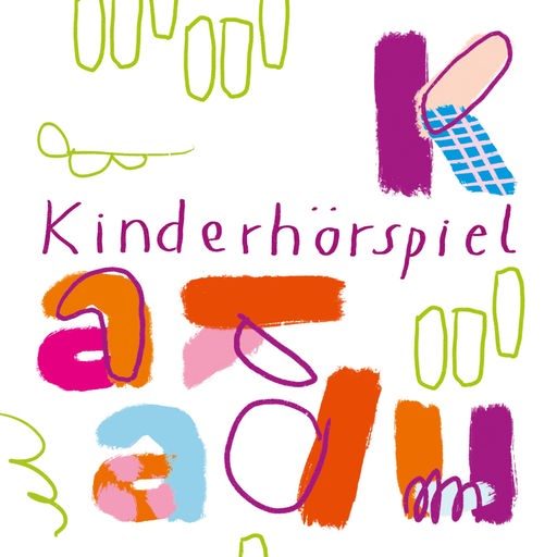 Das Podcast-Logo des "Kakadu Kinderhörspiel" zeigt den Schriftzug in kindlicher Handschrift, im Hintergrund sind die einzelnen Buchstaben in unterschiedlichen Formen und Schriften zu sehen.