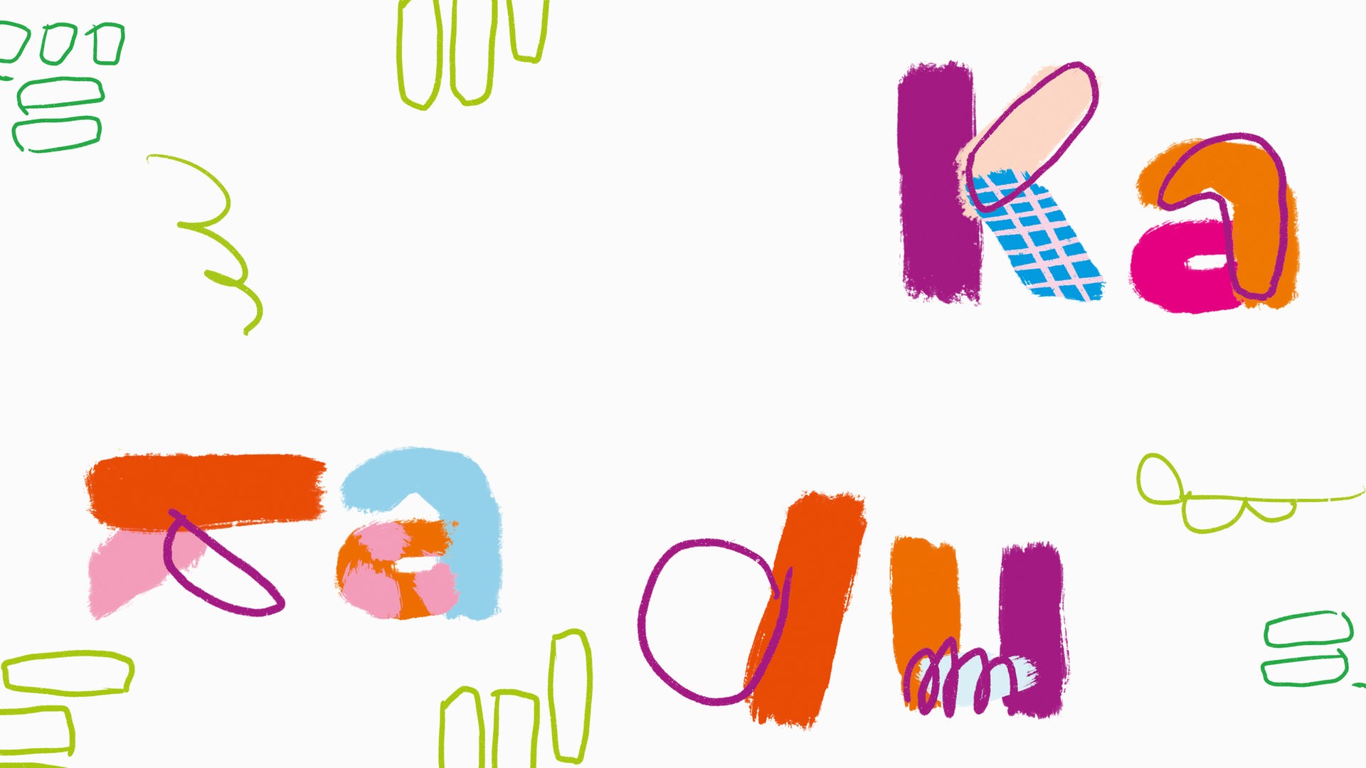 Das Podcast-Logo des "Kakadu Kinderhörspiel" zeigt den Schriftzug in kindlicher Handschrift, im Hintergrund sind die einzelnen Buchstaben in unterschiedlichen Formen und Schriften zu sehen.