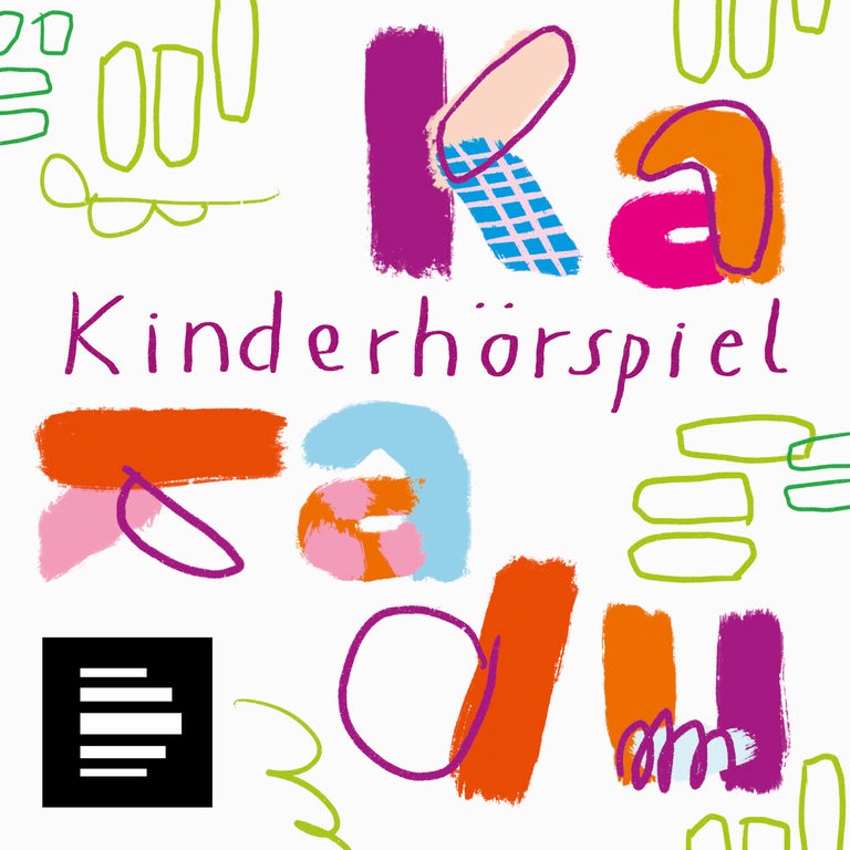 Das Podcast-Logo des "Kakadu Kinderhörspiel" zeigt den Schriftzug in kindlicher Handschrift, im Hintergrund sind die einzelnen Buchstaben in unterschiedlichen Formen und Schriften zu sehen.