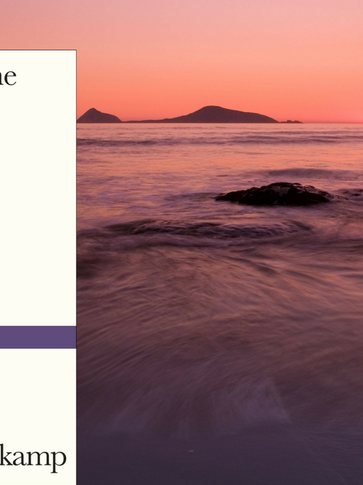 Sonnenuntergang am "Whiskey Beach" in Australien im Bundesstaat Victoria . Links: Das Cover von Gerald Murnanes "Die Ebenen".