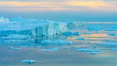 Das Bild zeigt Eisberge in Grönländ während der Dämmerung