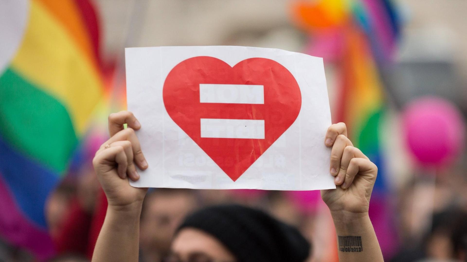 Ein Demonstrant hält in Rom ein Gleichheitszeichen als Symbol für die Gleichberechtigung homosexueller Partnerschaften hoch.