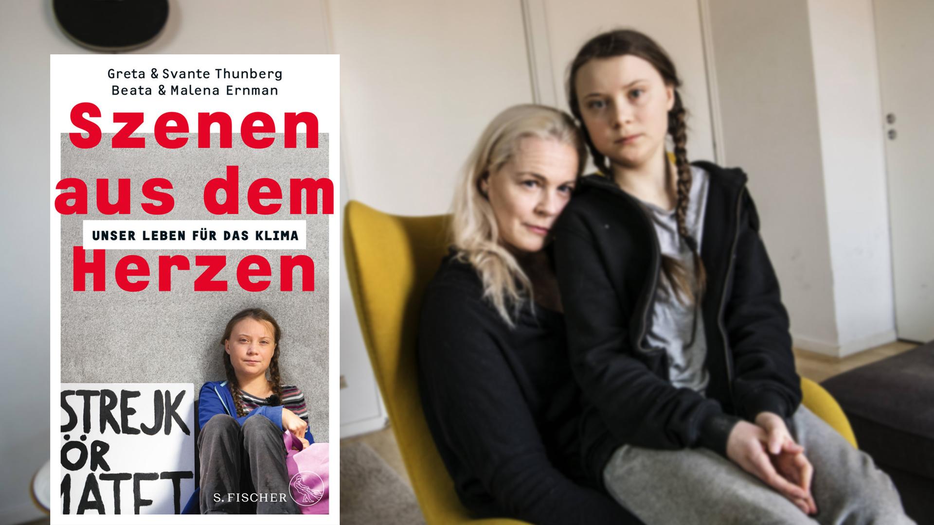 Cover des Buchs "Szenen aus dem Herzen: Unser Leben für das Klima" vor einem Hintergrundbild, auf dem Greta Thunberg auf dem Schoß ihrer Mutter Malena Ernman zu sehen ist.