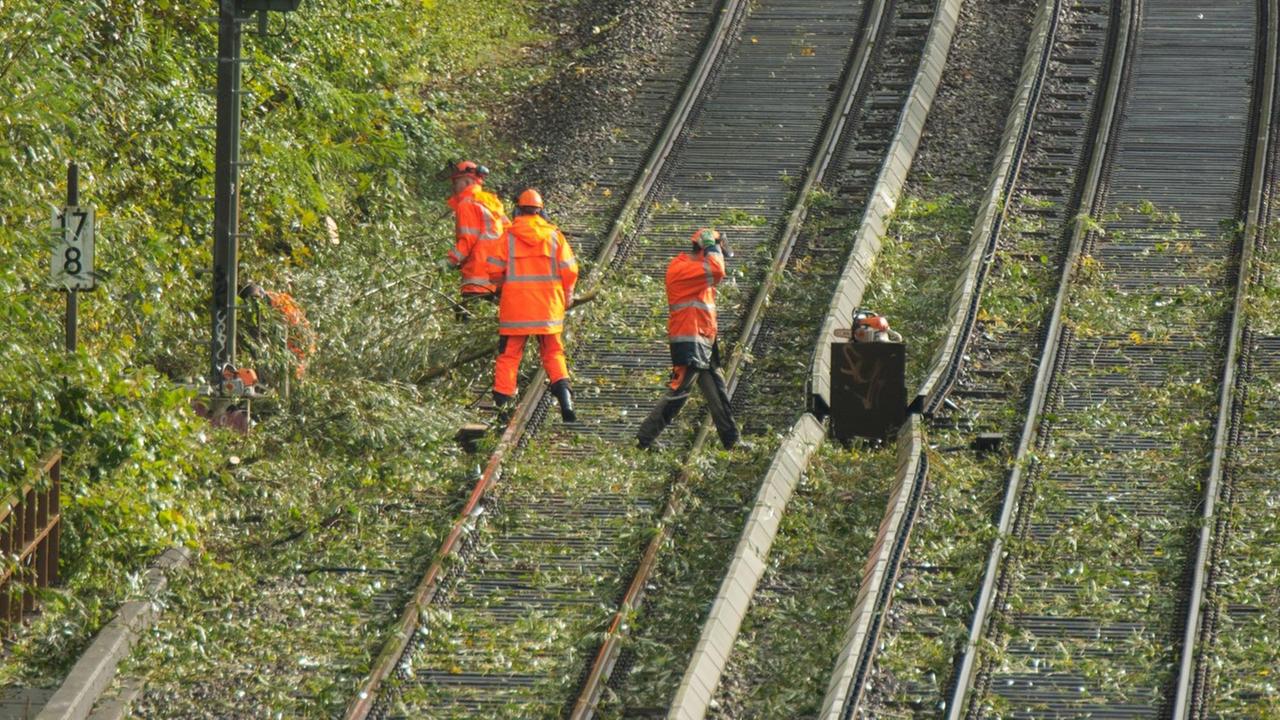 Das mit dem Teleobjektiv fotografierte Bild zeigt drei Arbeiter in orangefarbenen Warnwesten, die auf den Gleisen arbeiten.