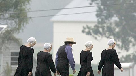 Mitglieder einer Amish-Gemeinde gehen am 4.10.2006 über eine Wiese in Nickel Mines, Pennsylvania.