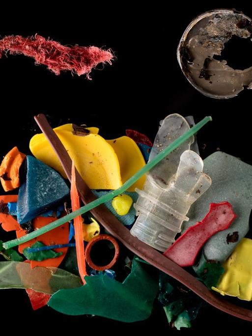 Das Foto zeigt ein buntes Sammelsurium an unterschiedlichsten Arten von Plastikmüll auf einen schwarzen Hintergrund inszeniert.
