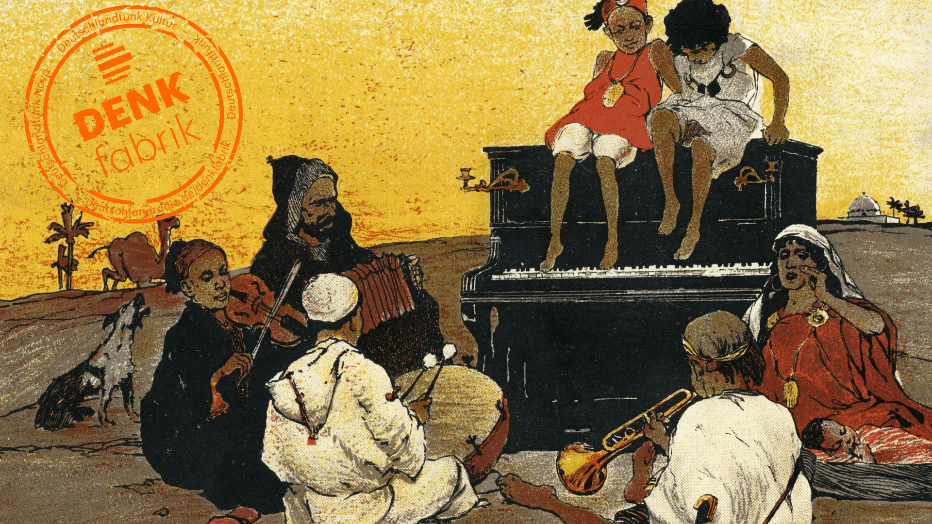 Eine Illustration zeigt ein maghrebinisches Konzert in der Wüste um 1900.