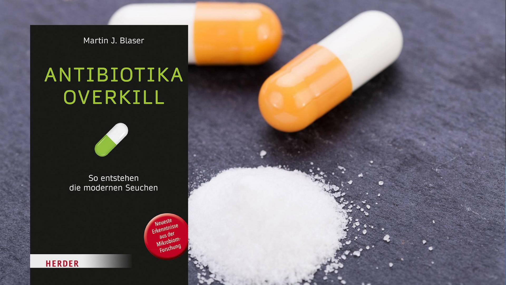 Buchcover von "Antibiotika overkill", im Hintergrund: Tabletten.