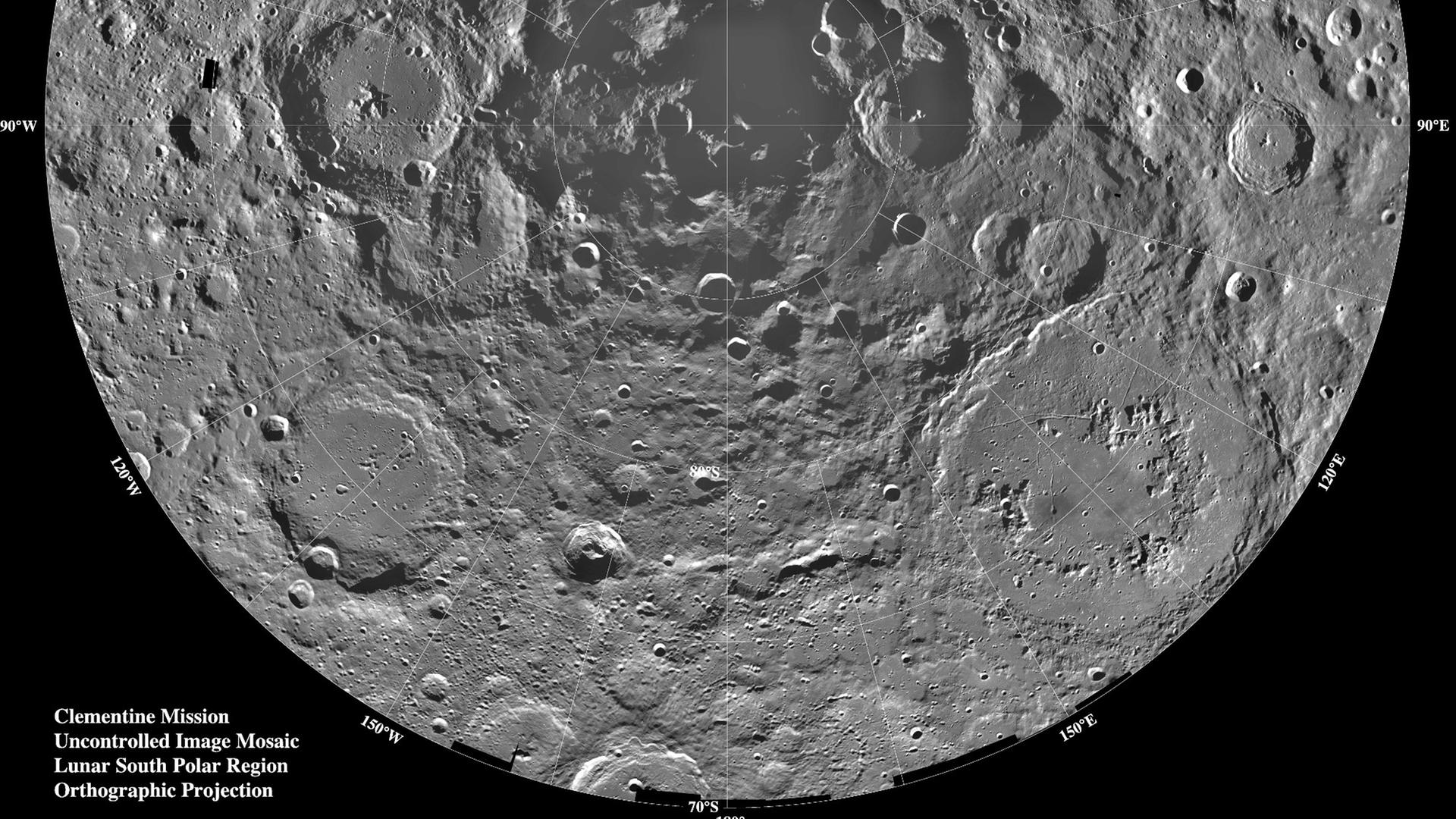 Die Südpolarregion des Mondes – eine der bekanntesten Aufnahmen der Clementine-Mission