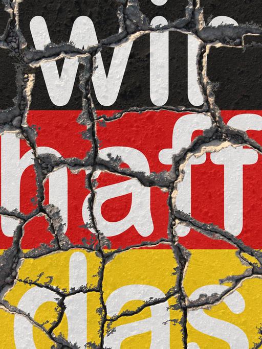 Die Parole "wir schaffen das" auf einer erodierenden Flagge Deutschlands