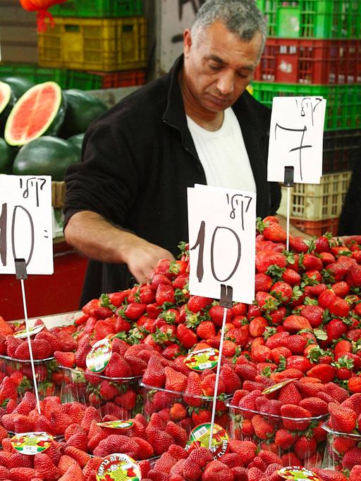 Obsthändler verkauft Plastikschalen mit frischen Erdbeeren im Carmel Markt und Basar, Tel Aviv, Israel.