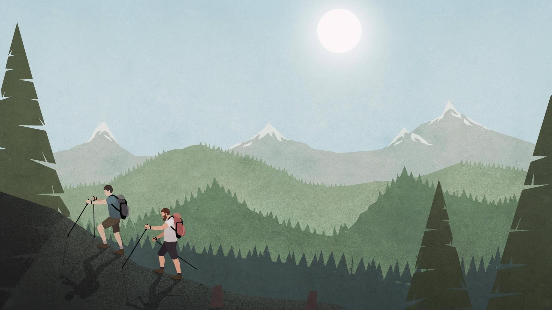 Eine Illustration zeigt zwei Männer, die entlang einer idyllischen Berg- und Waldlandschaft wandern.