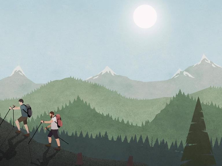 Eine Illustration zeigt zwei Männer, die entlang einer idyllischen Berg- und Waldlandschaft wandern.