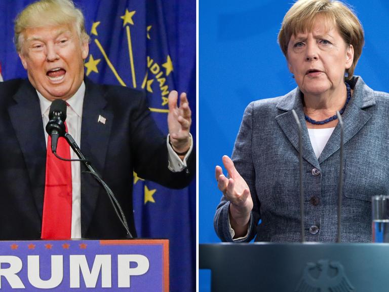 US-Präsidentschaftskandidat Donald Trump am 02.05.2016 bei einer Wahlkampfveranstaltung in South Bend, Indiana und Bundeskanzlerin Angela Merkel (CDU) am 15.09.2015 bei einer Pressekonferenz im Bundeskanzleramt in Berlin.