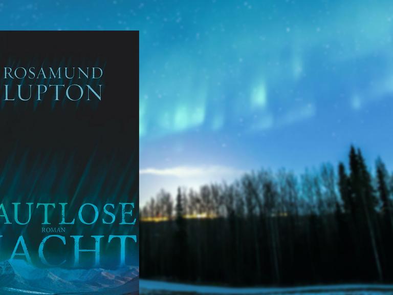 Bildcombo: Buchcover "Lautlose Nacht" von Rosamund Lupton vor einem Foto des Polarlichts über Alaska