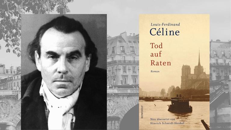 Louis-Ferdinand Céline: "Tod auf Raten" Zu sehen sind der Autor und das Buchcover, auf dem die Pariser Île de la Cité abgebildet ist