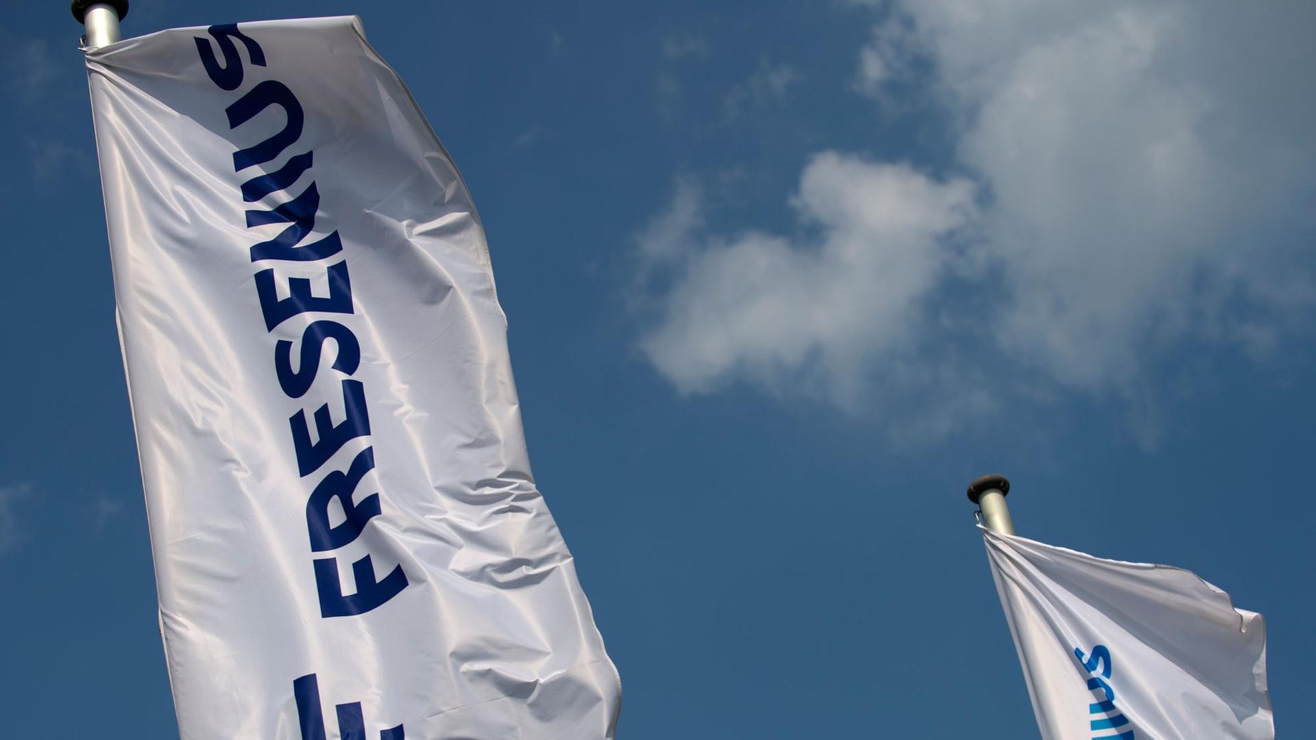 Das Logo des Konzerns Fresenius ist auf Fahnen vor dem Hauptsitz in Bad Homburg zu sehen.