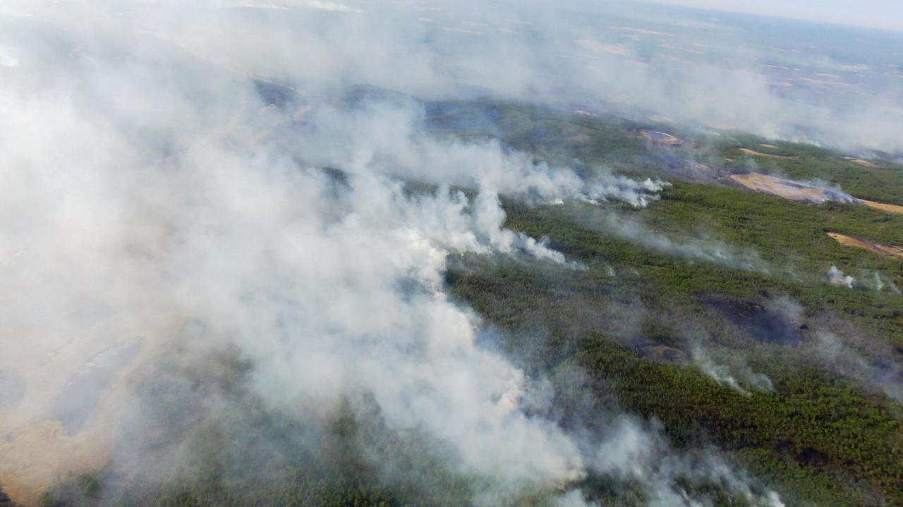 Luftansicht auf den Rauch der Waldbrände in der siberischen Taiga. 