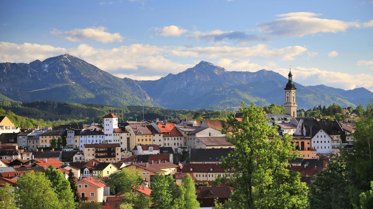 Blick auf Traunstein, im Hintergrund die Berge