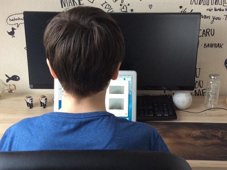Ein Junge an seinem Schreibtisch vor seinem Computer - von hinten aufgenommen.