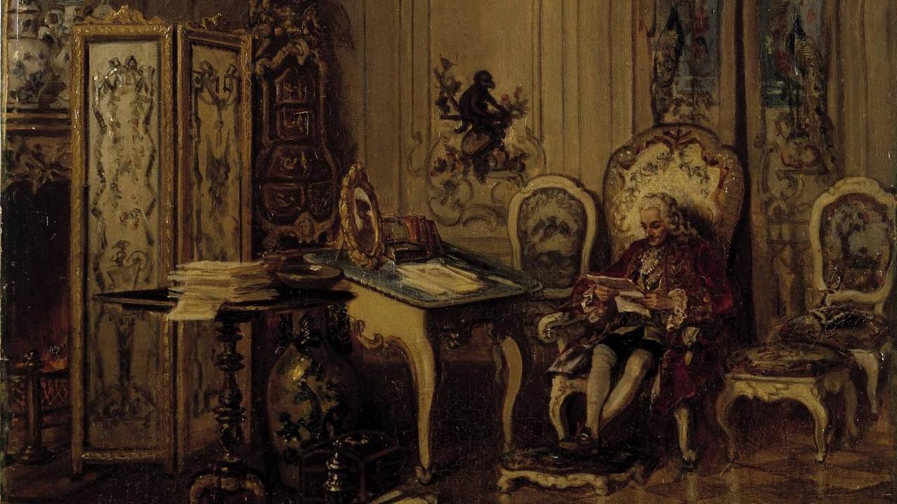 Voltaire in seinem Arbeitszimmer in Sanssouci, gemalt von August Borckmann 1874.