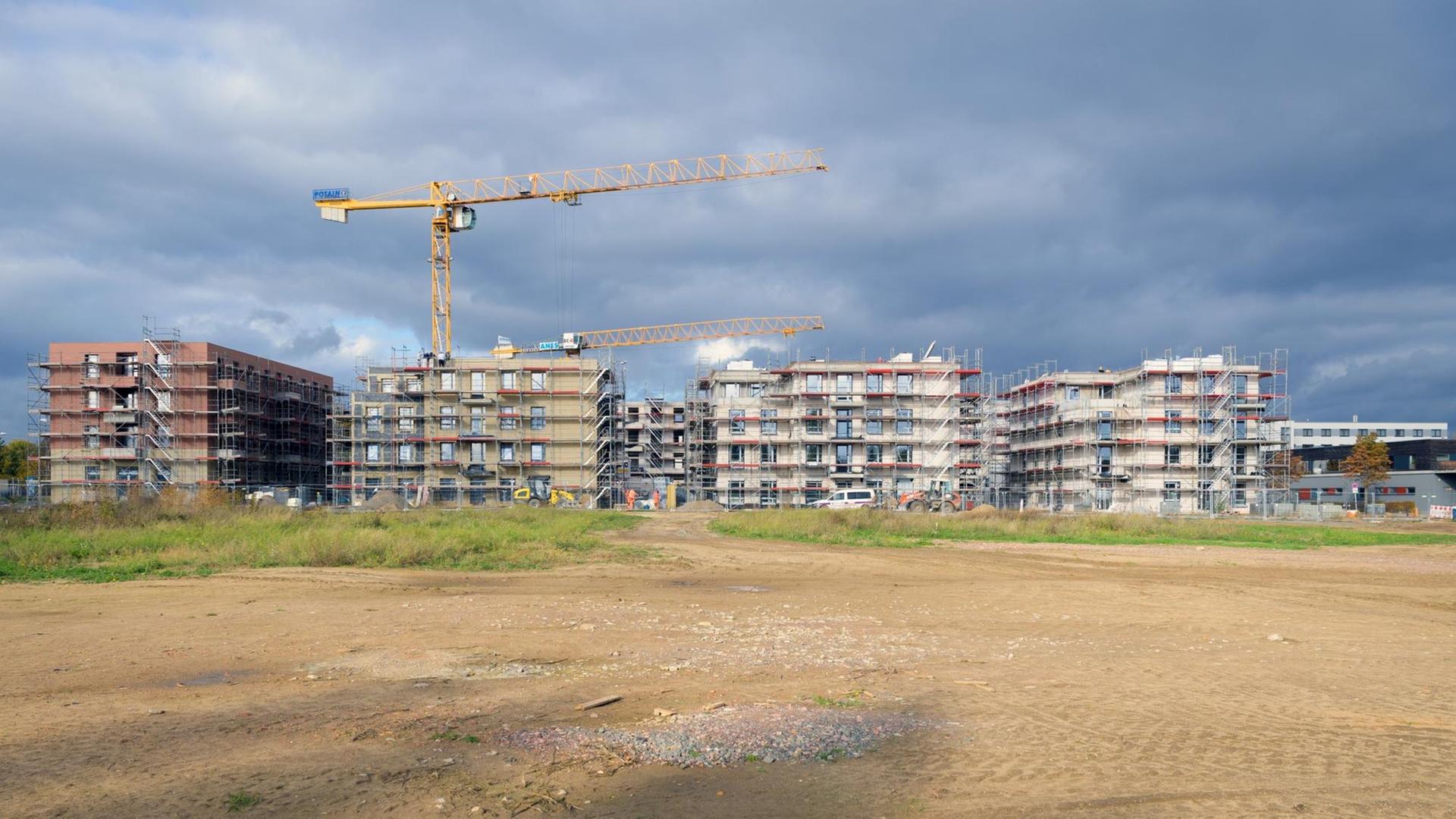 Gerüste stehen an den Rohbauten der Häuser an der Peter-Huchel-Straße. Die ProPotsdam GmbH baut auf dem Grundstück am Volkspark sieben Gebäude mit 117 Wohnungen und neun Gewerbeeinheiten. Mehr als drei Viertel der Wohnungen sollen Haushalten mit geringem Einkommen zur Verfügung stehen. Neben den Wohnungen sollen Angebote im Sozial- und Pflegebereich geschaffen werden. ProPotsdam will bis zum Jahr 2027 insgesamt 2500 Wohnungen in der Landeshauptstadt bauen.