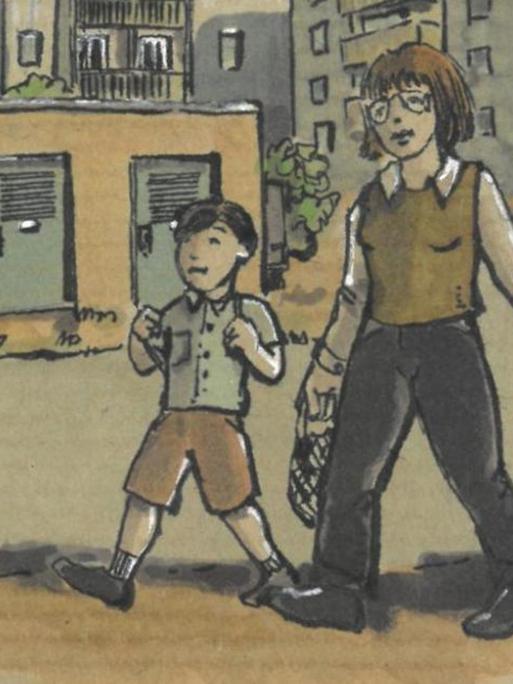 Eine Frau hält ihre beiden Kinder an den Händen und läuft durch eine Straße.