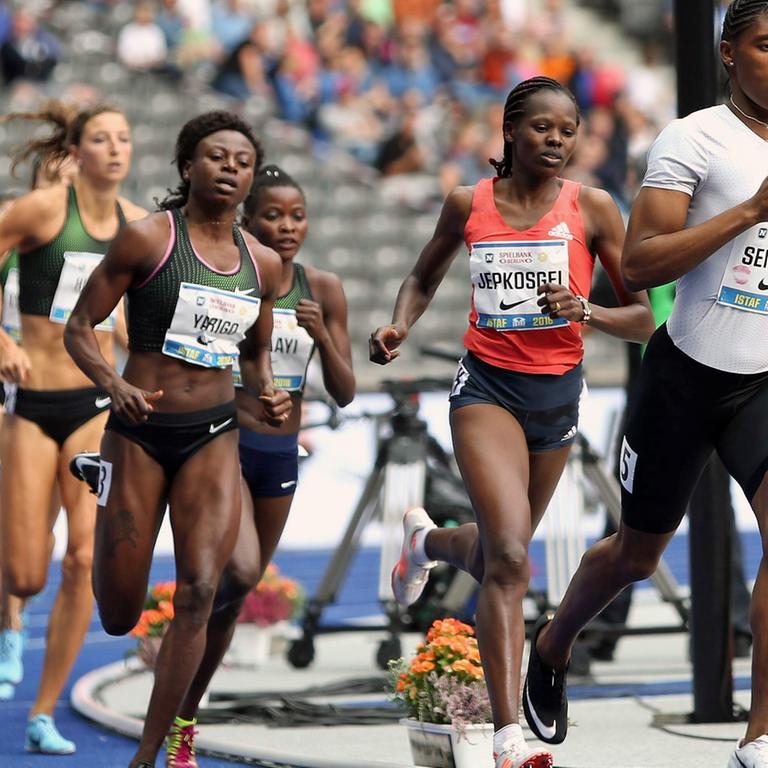 Die  Caster Semenya führt beim 1000 Meter Lauf der Frauen beim ISTAF 2018 im Olympiastadion Berlin am 02.09.2018 das Feld der Läuferinnen an.