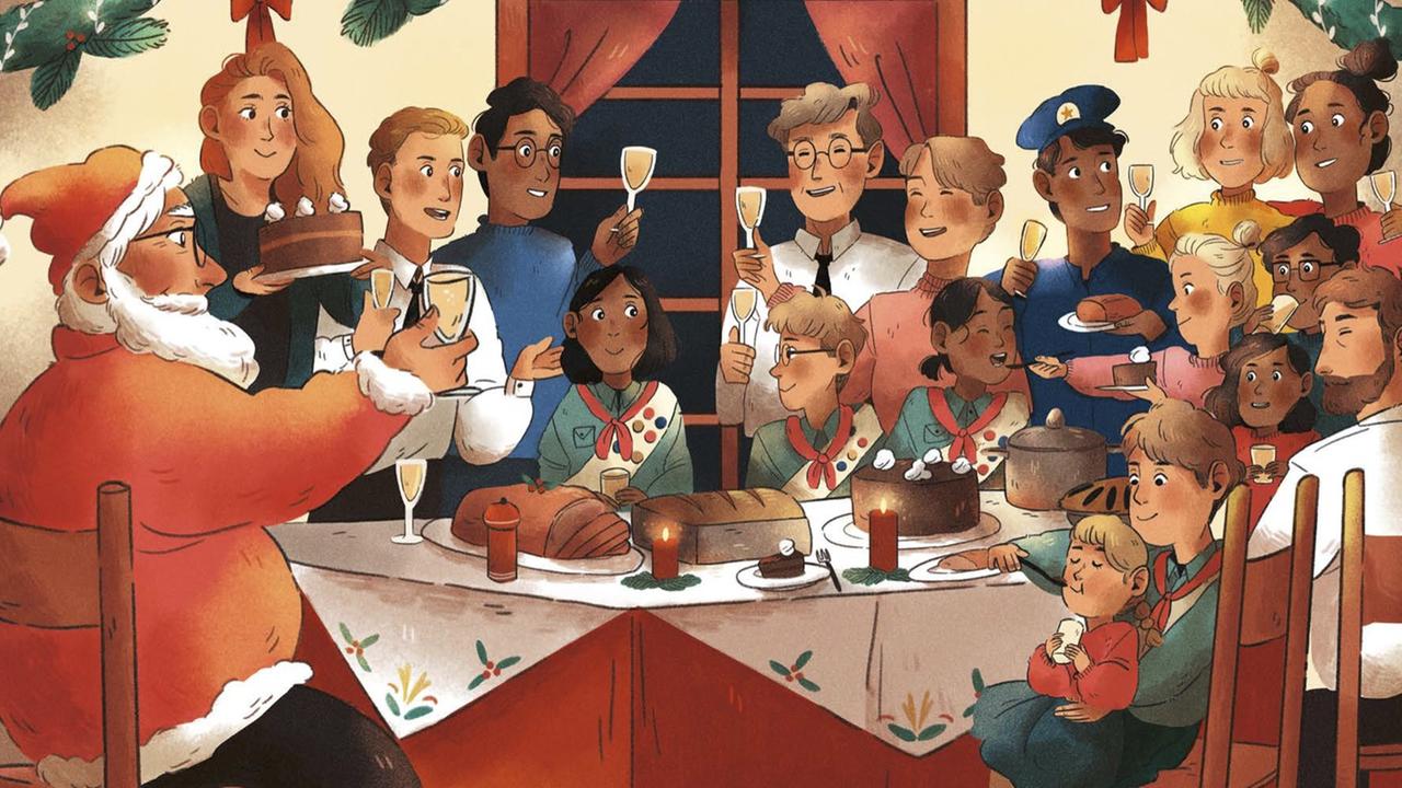Kinder und Eltern feiern Weihnachten: Illustration aus dem Buch "Das Wunder von R."