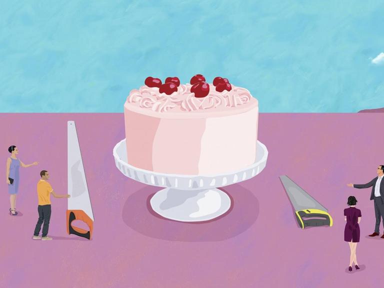 Illustration: Zwei Gruppen bzw. vier Personen streiten darüber, wie man einen großen Kuchen aufteilt.