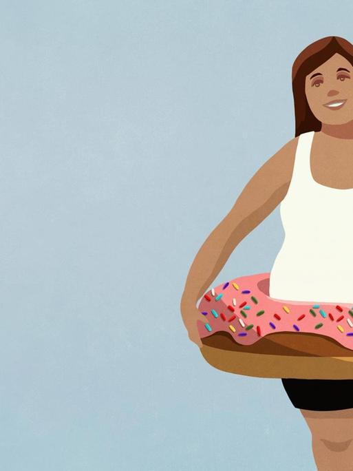 Illustration einer fülligen Frau mit einem aufblasbarem Donut-Ring um die Hüfte.
