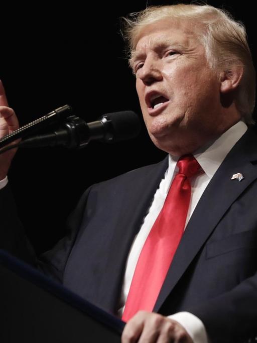 Trump steht vor schwarzem Hintergrund an einem Rednerpult, spricht und gestikuliert mit der rechten Hand.