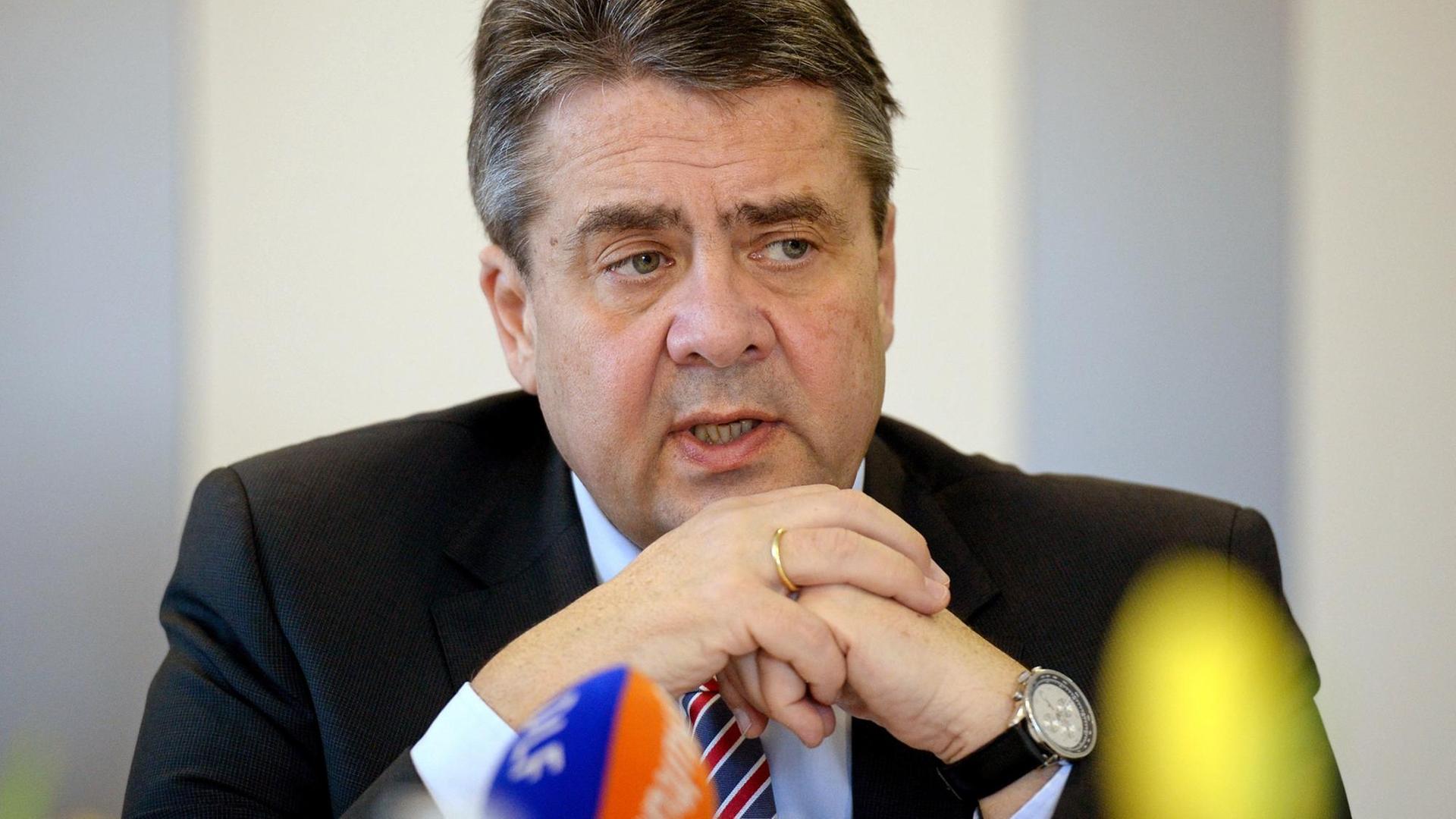 Sigmar Gabriel spricht in Mikrofone.