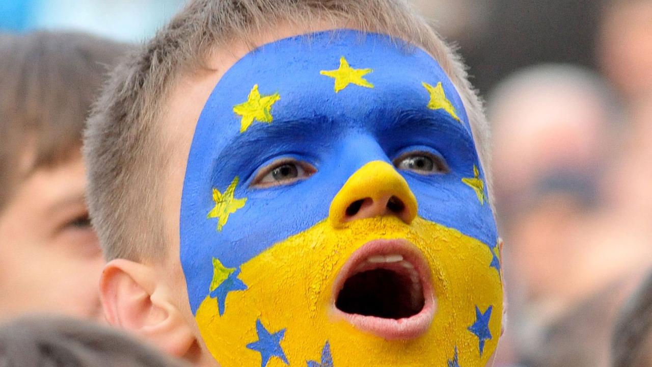 Ein junger Demonstrant in der ukrainischen Stadt Lviv hat sich die Farben der Ukraine und der EU ins Gesicht gemalt. 
