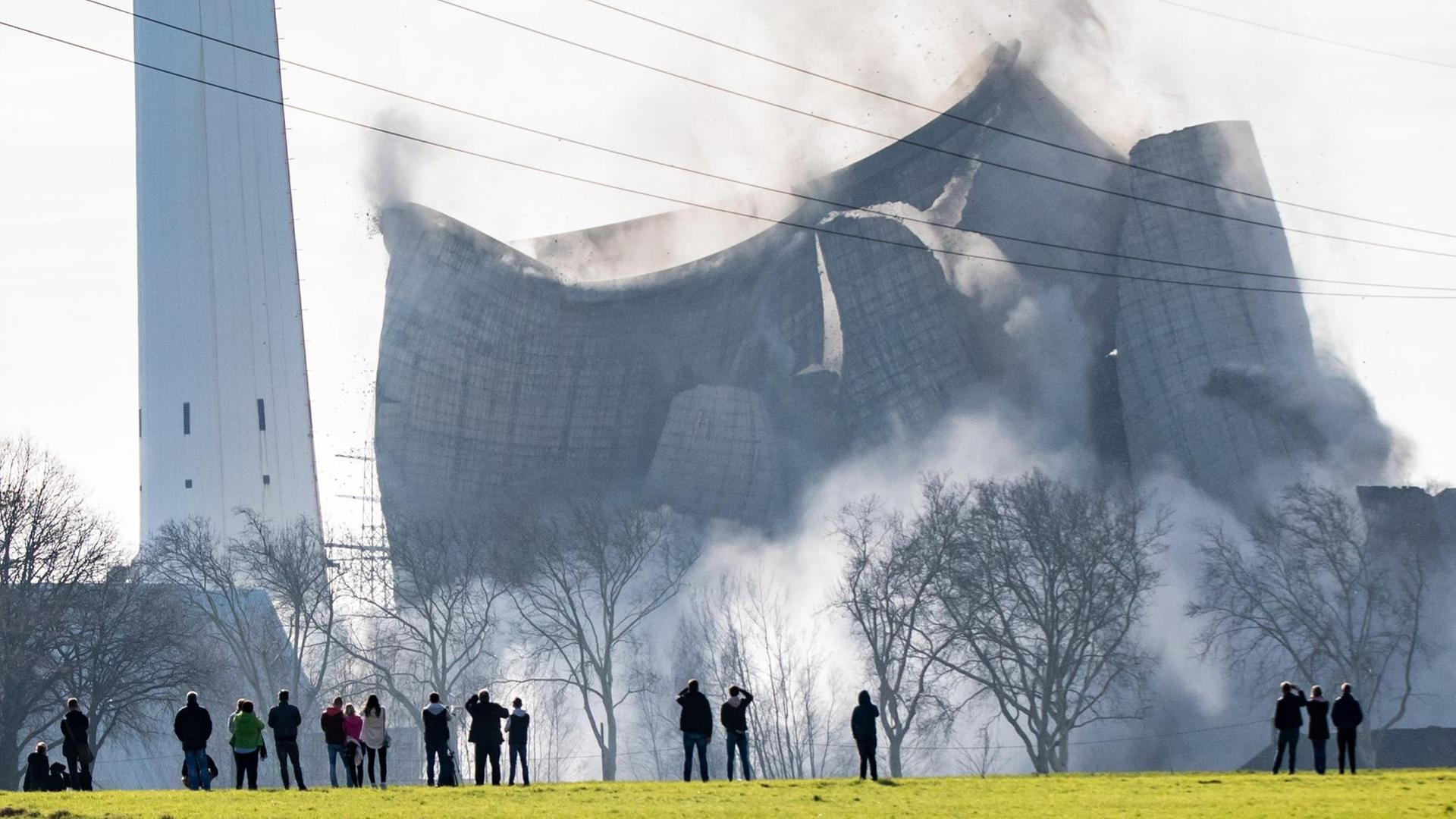 Menschen auf einer Wiese schauen sich an wie der Kühlturm des ehemaligen Atomkraftwerks in sich zusammenfällt.