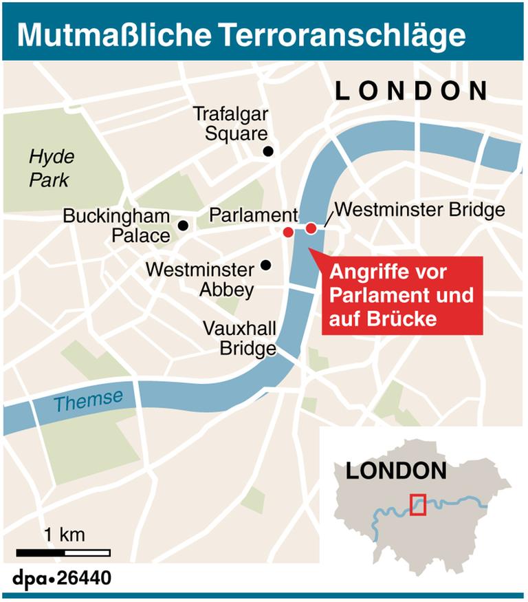 Karte zum mutmaßlichen Terroranschlag vor dem Parlament in London.