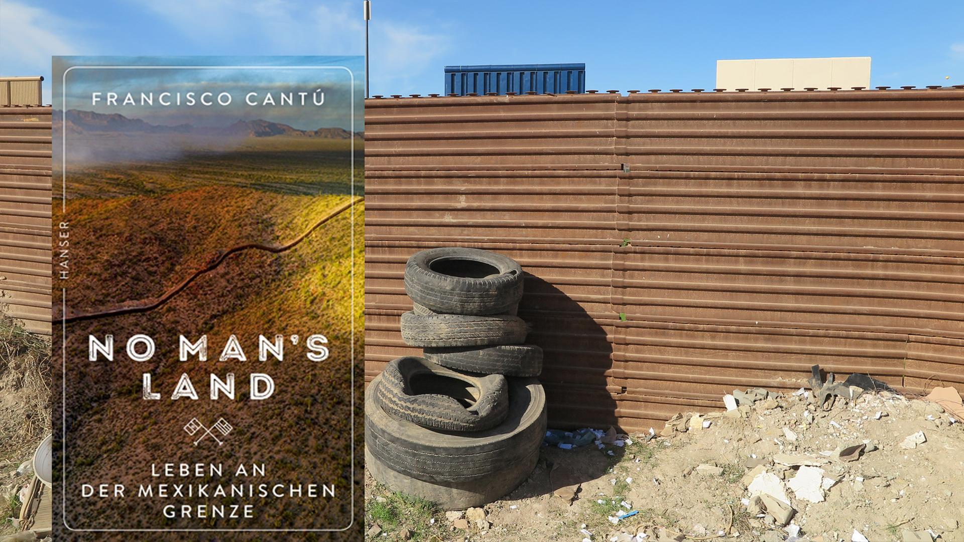 Buchcover "No Man's Land" und die mexikanische Grenze zu den USA in Tijuana