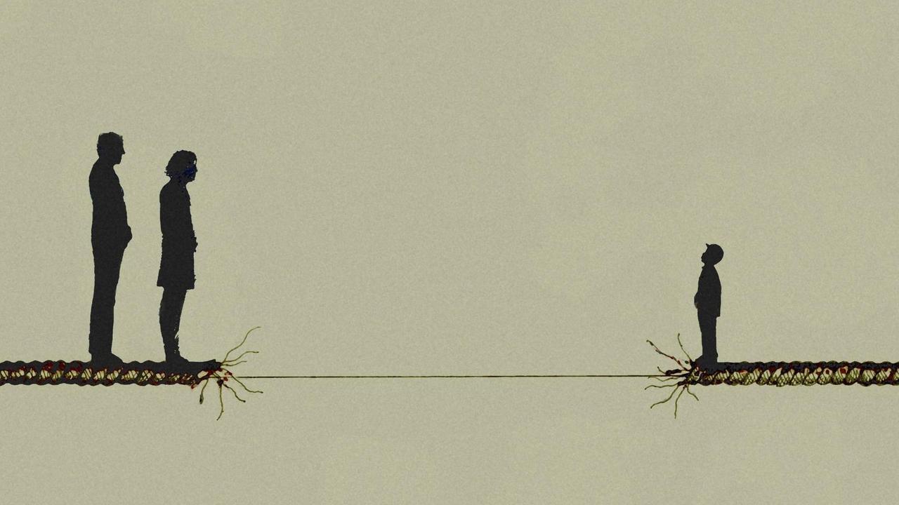 Illustration:Eltern getrennt von ihrem Sohn durch ausgefranstes Seil, dass gleich reißen könnte.